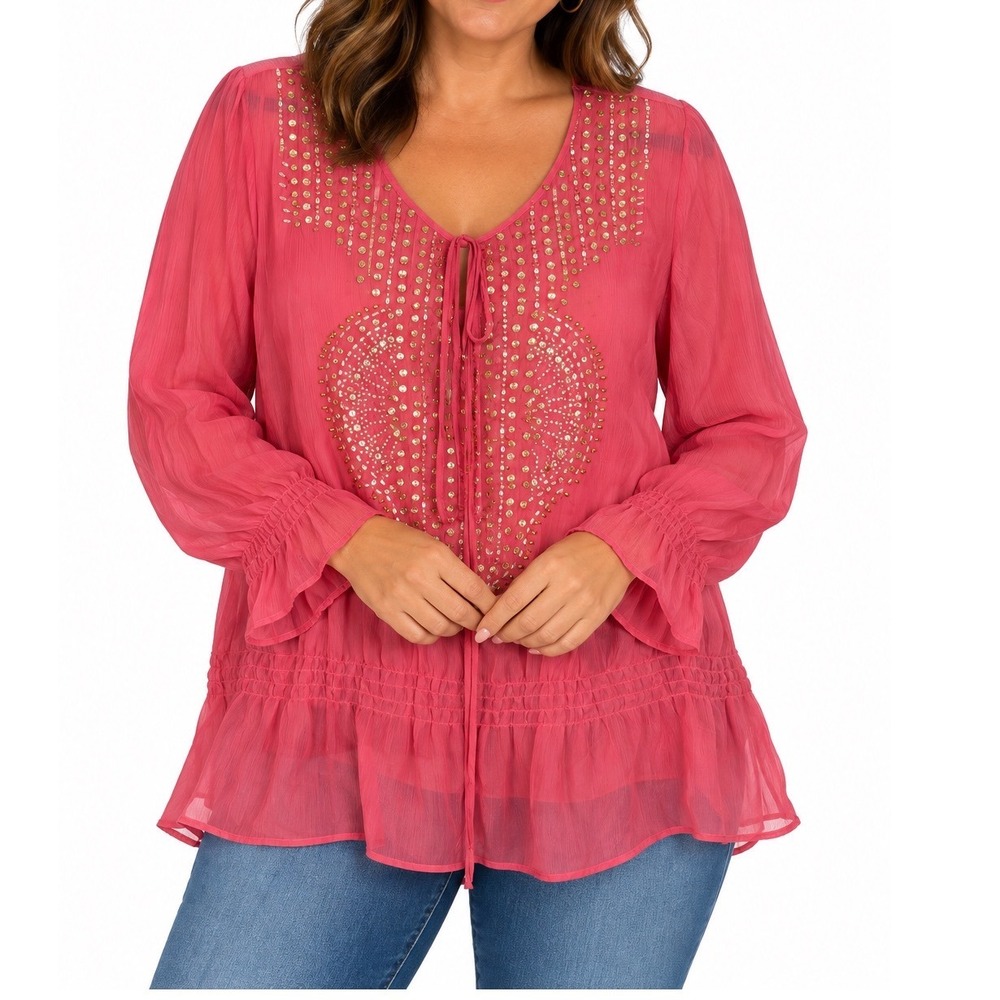 Lane Bryant Pink Chiffon Sequin Beaded Smocked Waist Peasant Blouse 18/20